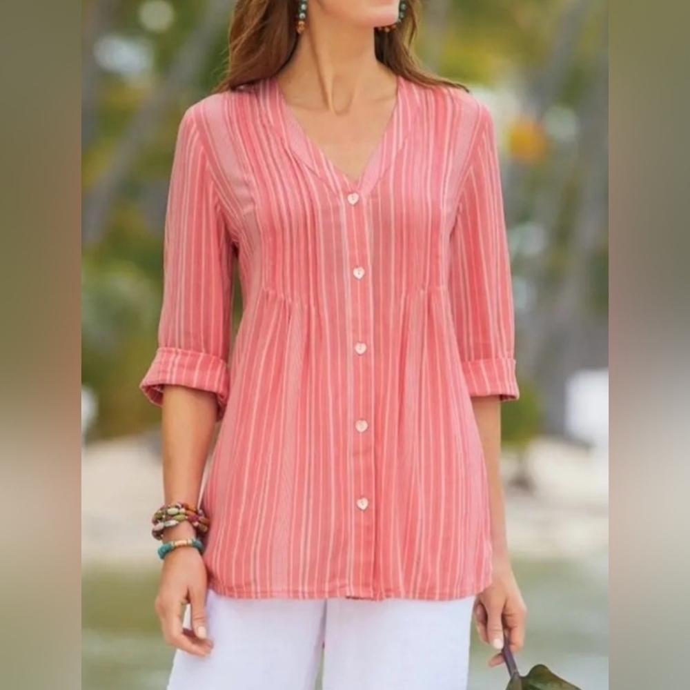 Soft Surroundings Amandine V-Neck Pink White Stripe Heart Buttons Tunic - Size S